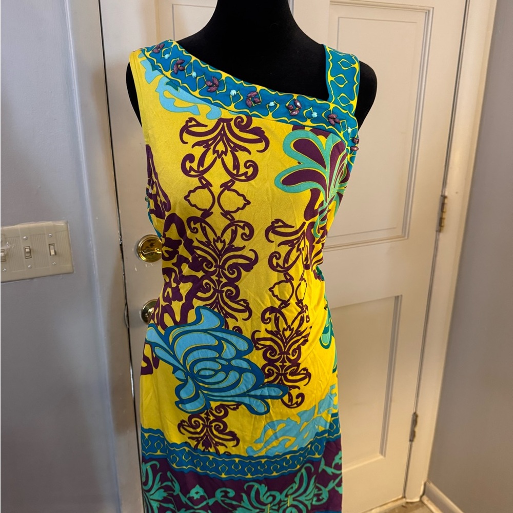 Hale Bob Vibrant One Shoulder Dress in Yellow with Blue and Purple Patterns